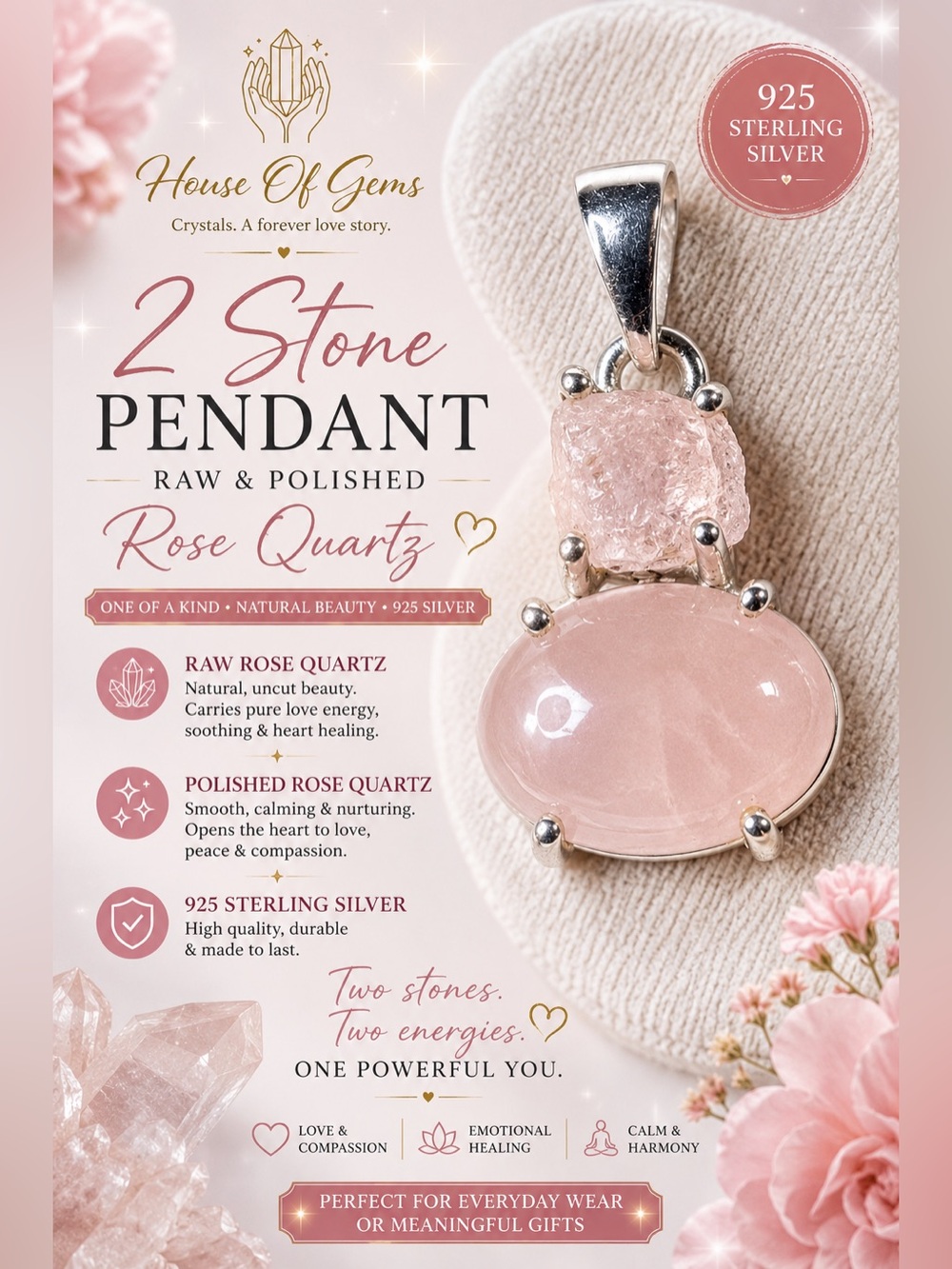 Rose Quartz 2-Stone Pendant in Pink | 925 Sterling Silver